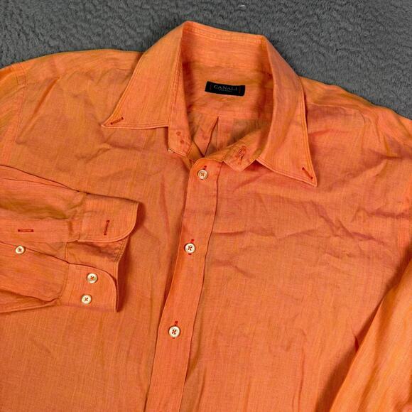 Canali Shirt Mens 2XL Orange 100% Linen Long Sleeve Button Down Made In Italy - Picture 1 of 8